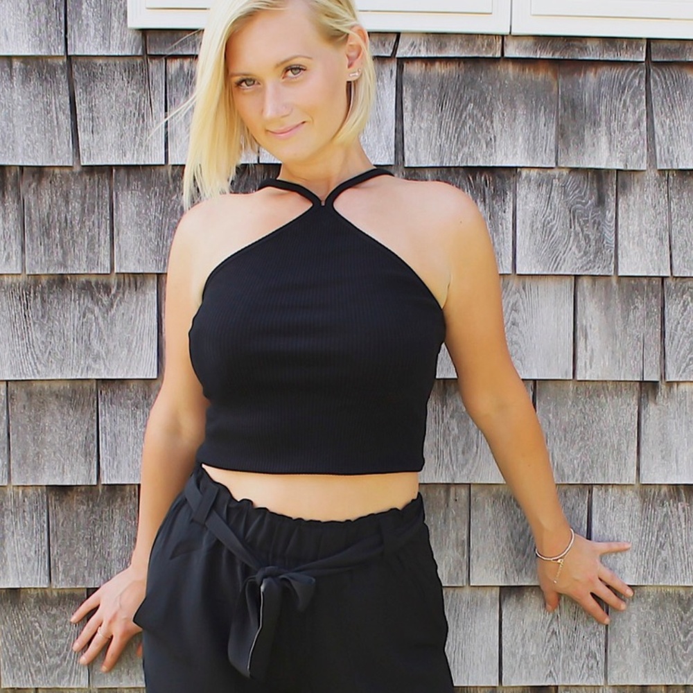 Ribbed Halter Neck Tank Top in Black